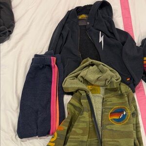 Aviator Nation Dark Gray zip up and camo zip up, navy striped sweatpants
